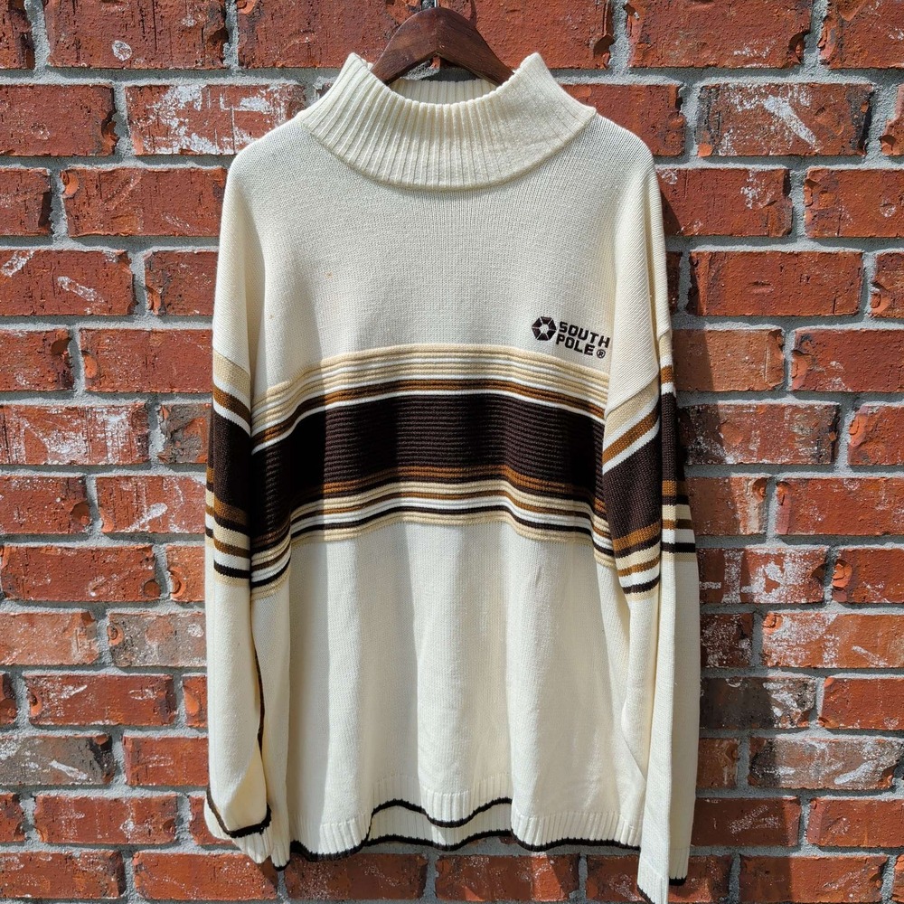 Southpole Knit Sweater Mens 4XL Cream Brown Striped Mock Neck Vintage Y2K
